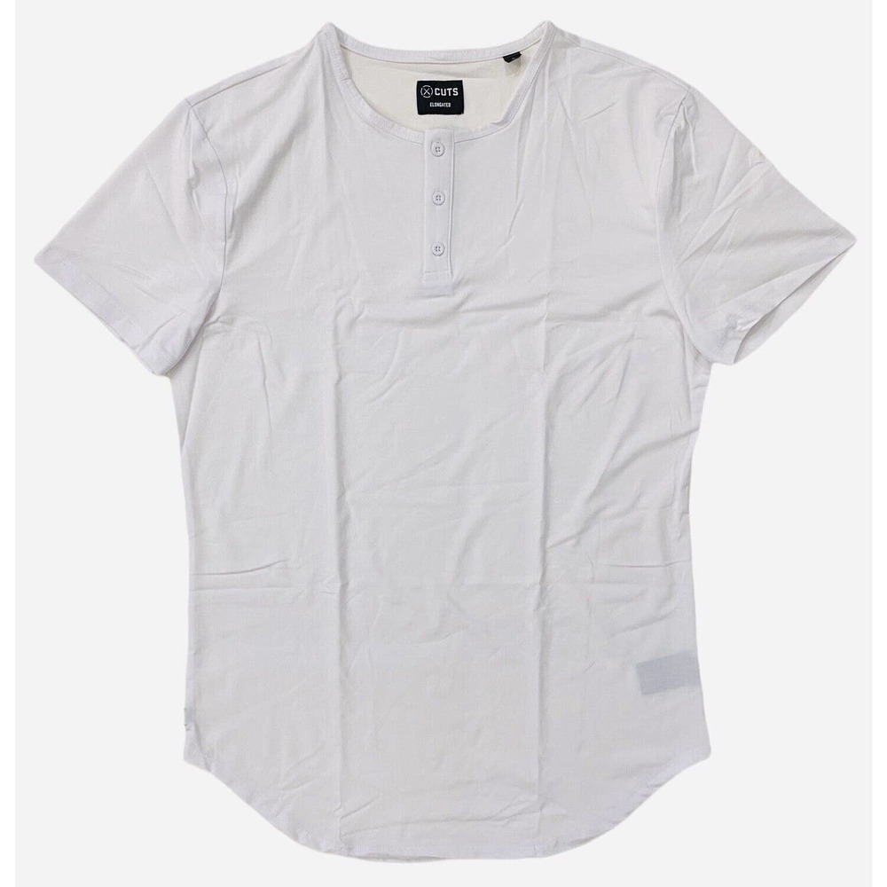 Cuts Clothing Men's Elongated Hem Henley 4 Way Stretch Tee T-Shirt - White